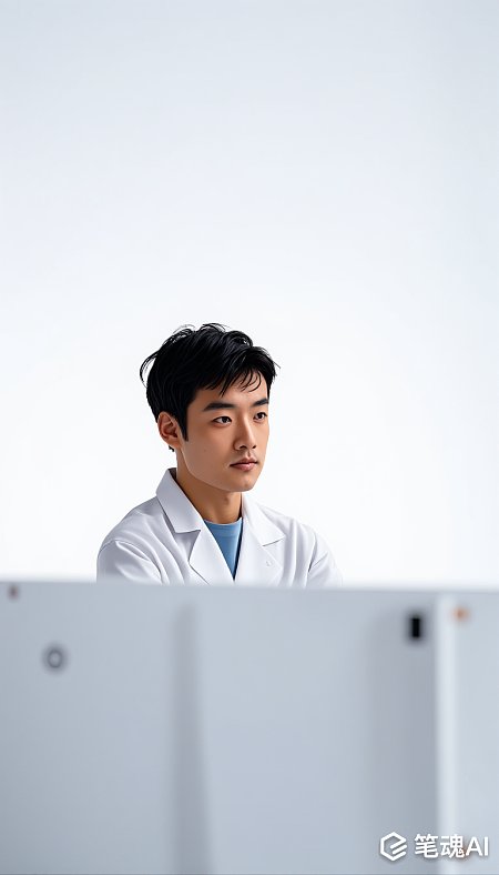 黑发男子穿白大褂白色背景简约风格