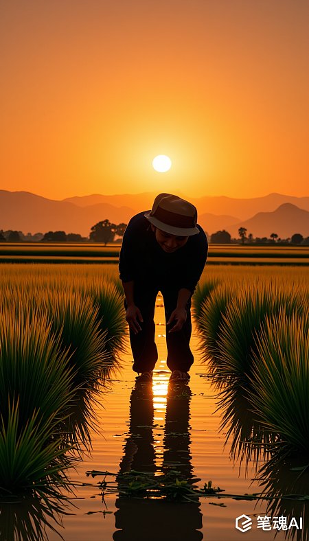 夕阳下的稻田中农民弯腰劳作宁静而美丽