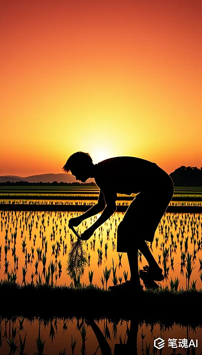 夕阳下农民在田间劳作剪影宁静美丽