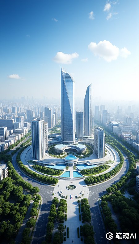 蓝天白云下现代城市高楼林立绿色环绕风格独特