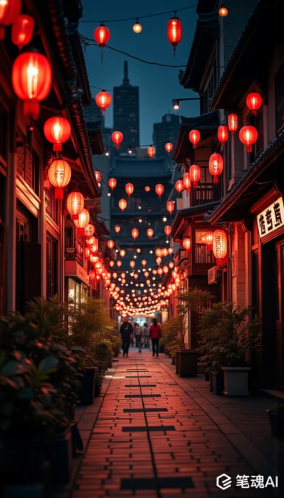 红色灯笼点缀古色古香的夜晚街道