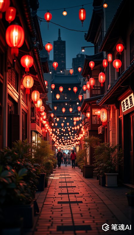 红色灯笼点缀古色古香的夜晚街道