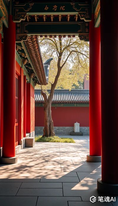 红色柱子古建筑庭院阳光明媚