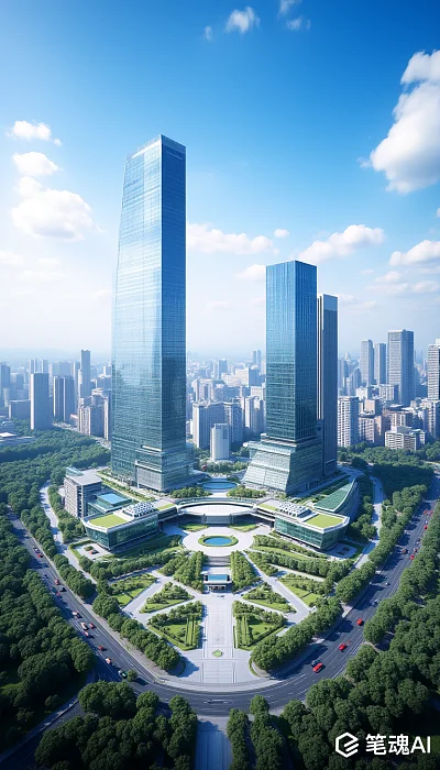 蓝天白云下现代高楼林立绿色点缀城市繁华