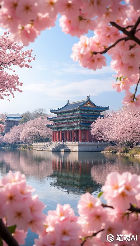 粉色樱花映衬古建筑宁静湖面风格优美