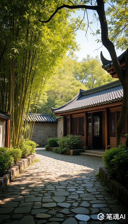 青瓦白墙绿竹石径古风庭院