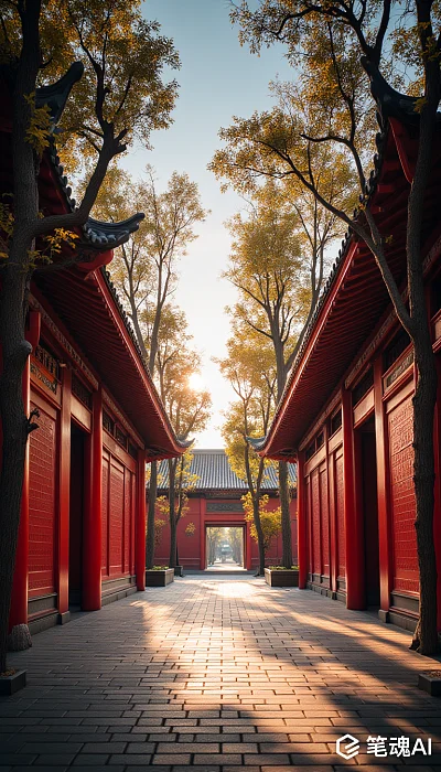 红色古建筑林荫小道夕阳余晖