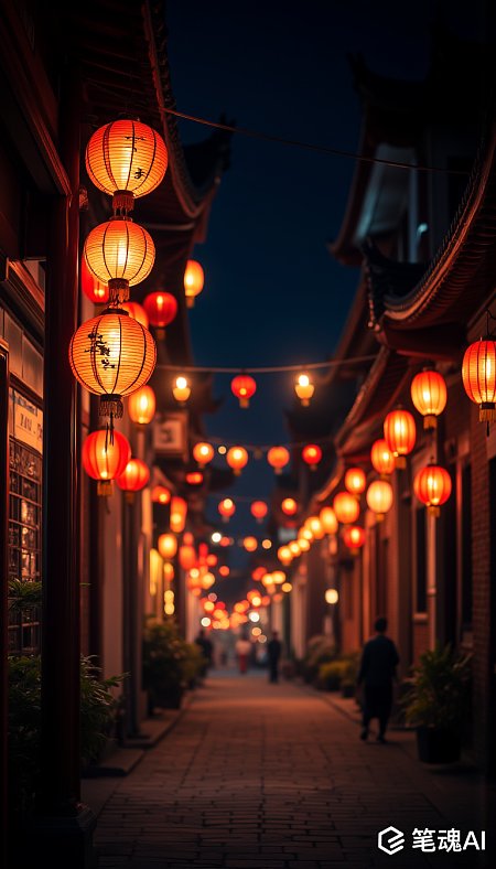 红色灯笼点缀古街夜景宁静祥和
