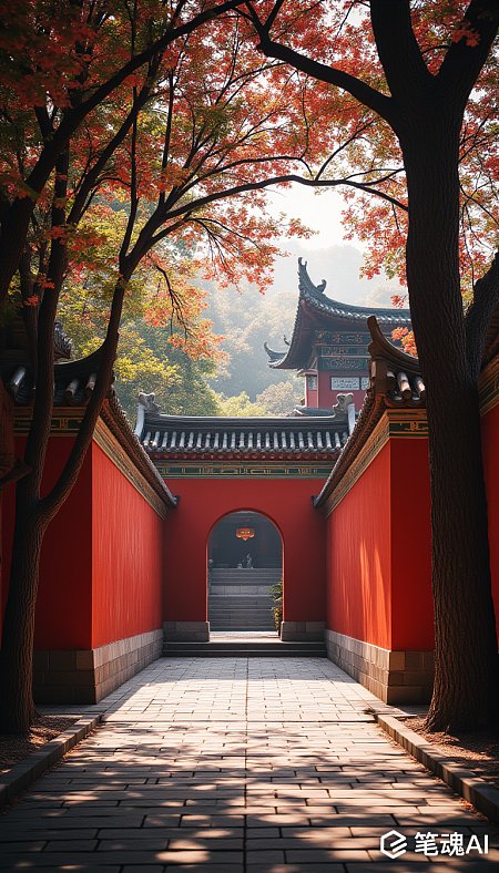 红色墙壁古建筑秋景宁静和谐