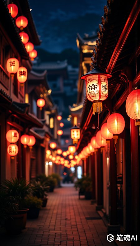 红色灯笼点缀古色古香的夜晚街道
