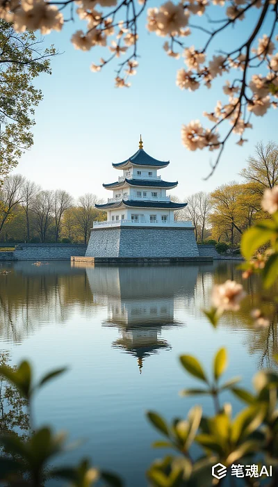 粉色樱花映衬白色塔楼宁静湖面风景如画