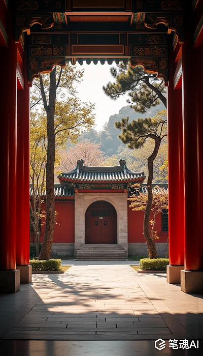 红色柱子古建筑庭院秋景阳光明媚