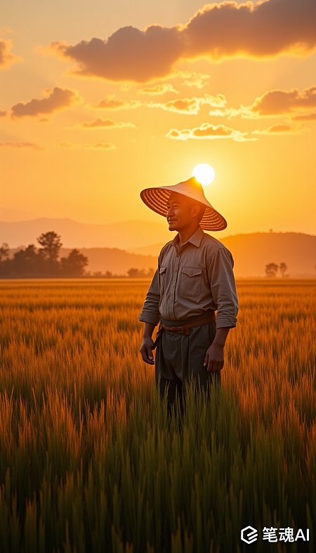 夕阳下的农民在金黄色稻田中沉思