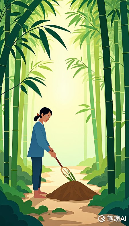 绿色竹林中女子手持工具整理土壤插画