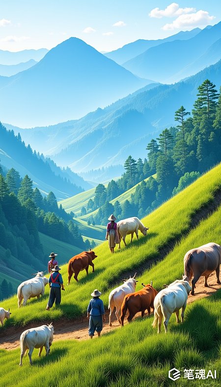 绿色山坡上牛群悠闲行走蓝天白云映衬下宁静田园风光