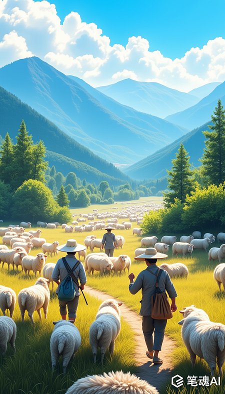 蓝天白云绿树羊群山间放牧宁静自然风景画