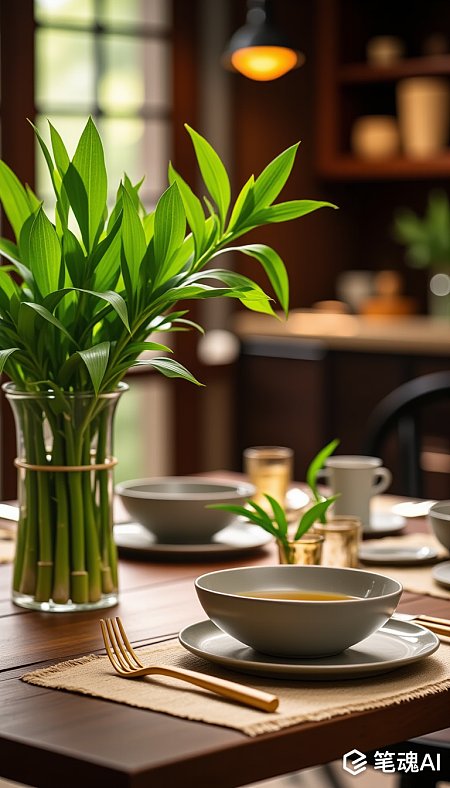 绿色植物点缀的温馨餐桌布置现代简约风