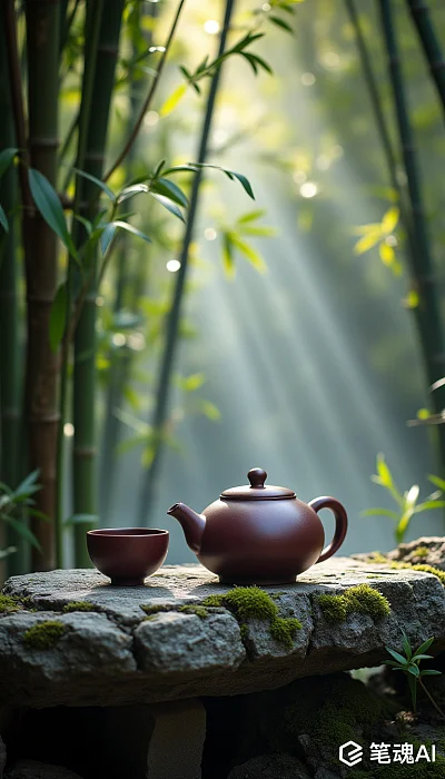 低角度紫砂壶茶具晨雾竹林微景深