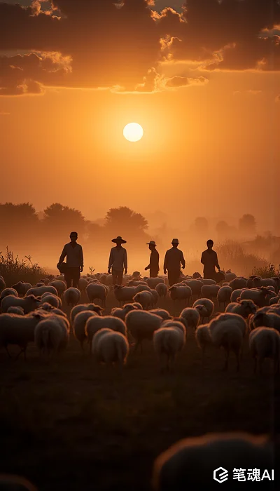 夕阳下牧羊人与羊群剪影宁静和谐