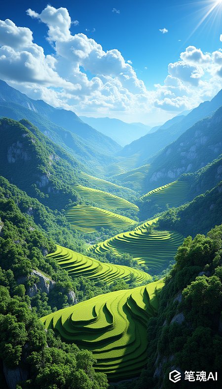 蓝天白云下翠绿梯田环绕的山谷风光写意画