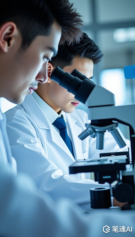 科学家们在实验室里专注地观察着显微镜下的样本蓝色调科学严谨