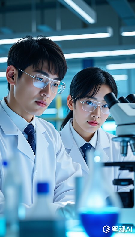 蓝色实验室中两位科学家专注研究风格现代