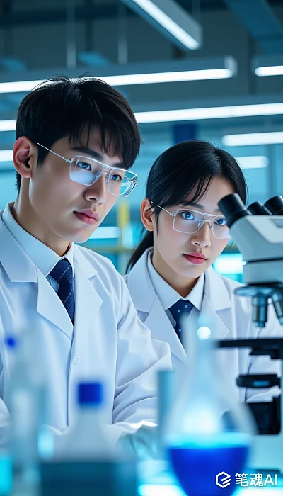蓝色实验室中两位科学家专注研究风格现代