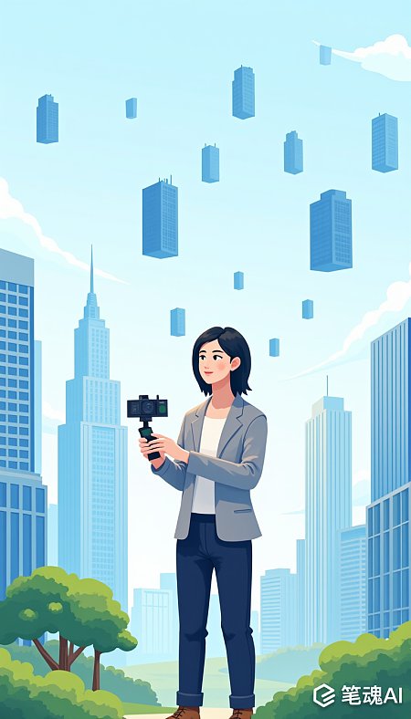 蓝色天空下高楼林立的都市女性手持相机行走于绿色植物旁