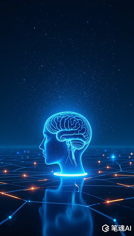 蓝色光晕大脑轮廓星空背景科幻风格