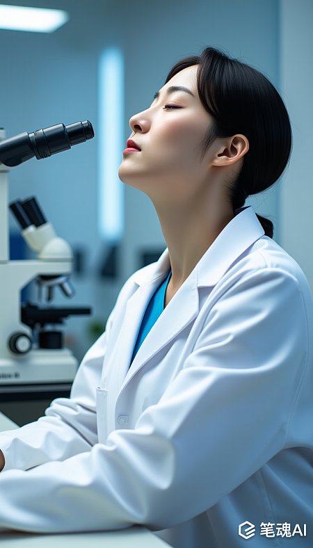 蓝色背景实验室中女性科学家专注工作风格写实