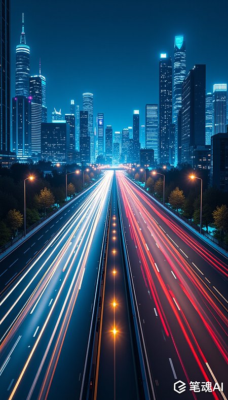 蓝色夜景中红色与白色车流穿梭城市高楼林立