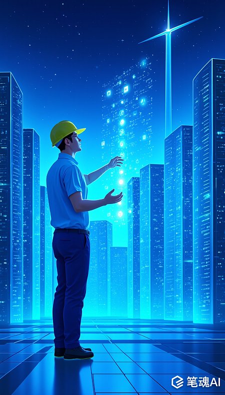 蓝色夜空下工程师触摸未来城市建筑风格科幻