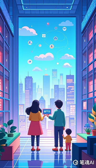 蓝色天空下高楼林立家庭互动科技风格