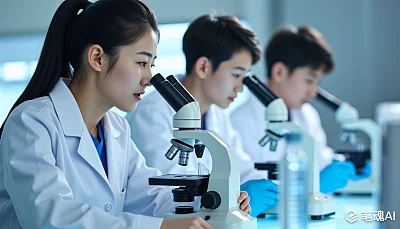 身穿白大褂的科学家们在实验室里专注地观察显微镜下的样本
