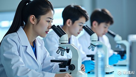 身穿白大褂的科学家们在实验室里专注地观察显微镜下的样本