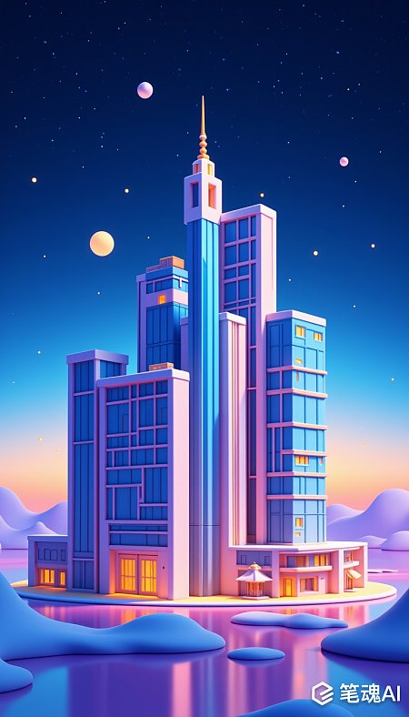 梦幻夜景中蓝色紫色建筑群科幻风格