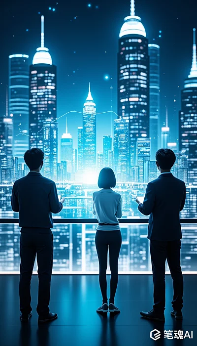 蓝色夜景中三个人背对镜头眺望未来城市建筑风格现代