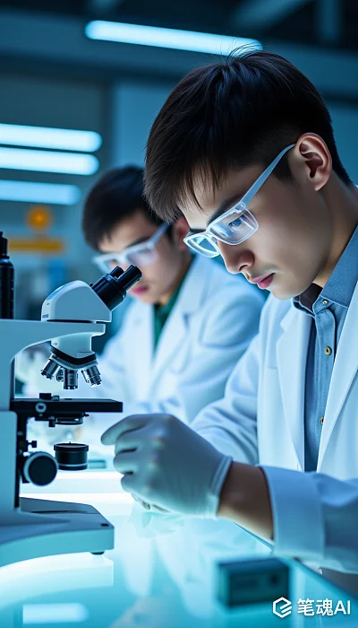 蓝色实验室明亮灯光下科学家专注研究