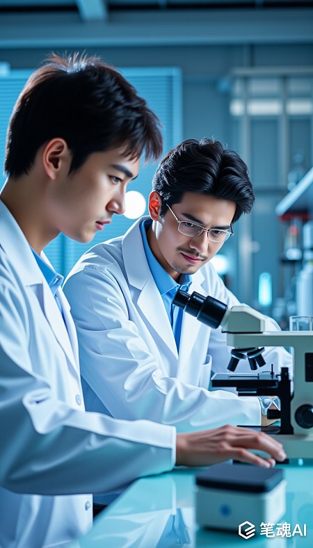 两位科学家在实验室专注研究蓝色背景科技风格