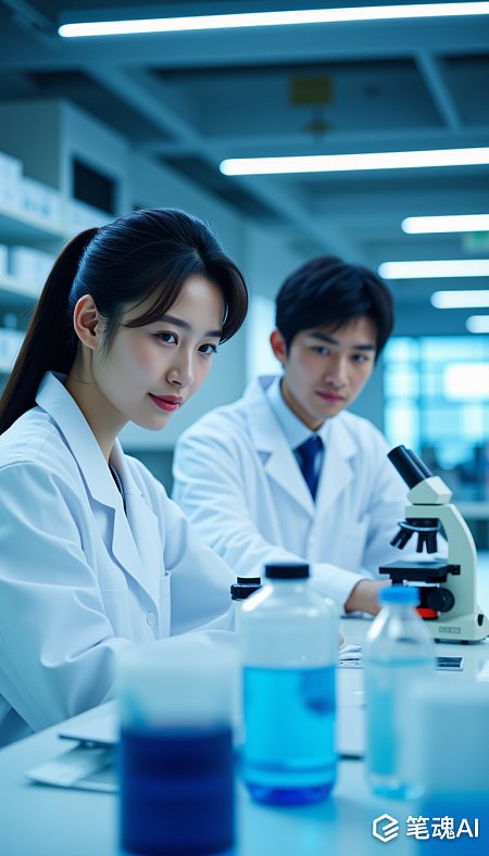 蓝色液体实验室内专注科研的男女科学家