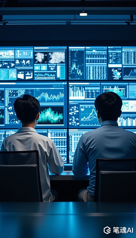 蓝色灯光下的监控室里两位工程师专注工作