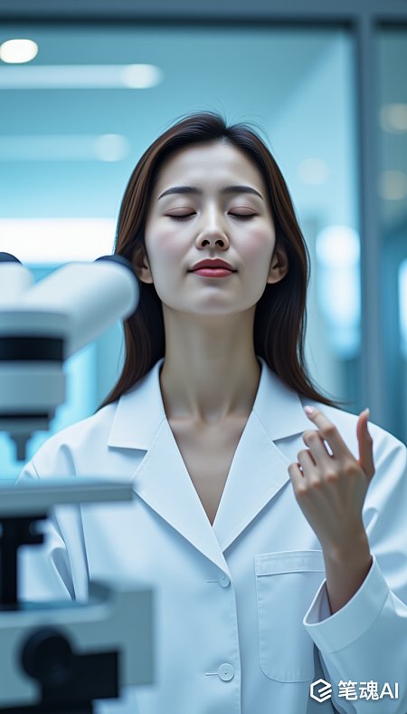 白色实验室背景中闭眼微笑的女性科学家