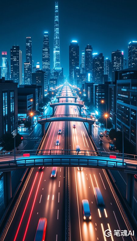 蓝色夜景中繁忙的都市高速公路车流如织