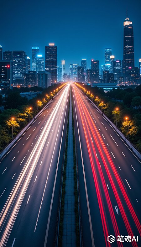 夜幕下的城市高速公路车流如织色彩斑斓现代感十足