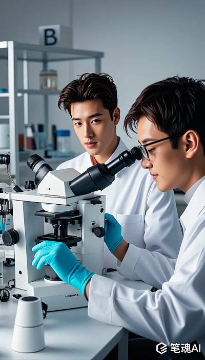 两位科学家在实验室中使用显微镜进行研究蓝色手套白色实验服现代风格