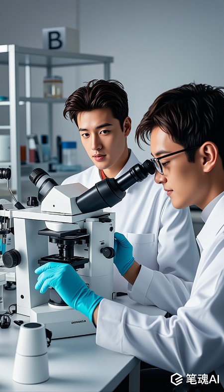 两位科学家在实验室中使用显微镜进行研究蓝色手套白色实验服现代风格