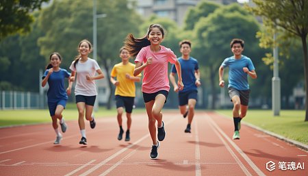 五颜六色的运动服奔跑在红色跑道上的青春活力场景