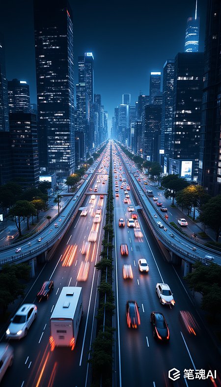 夜晚城市繁华车流穿梭霓虹闪烁现代都市夜景