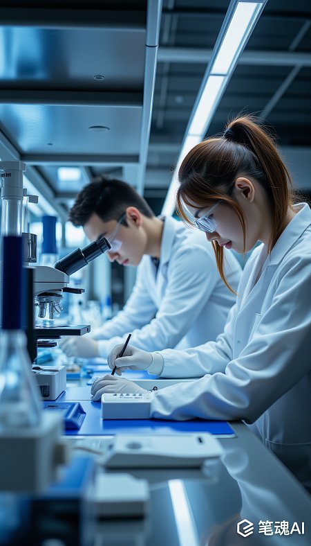 蓝色实验室中两位科学家专注工作现代科技风格