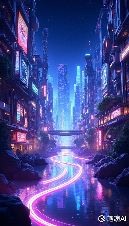 未来霓虹灯河中高楼林立科幻夜景